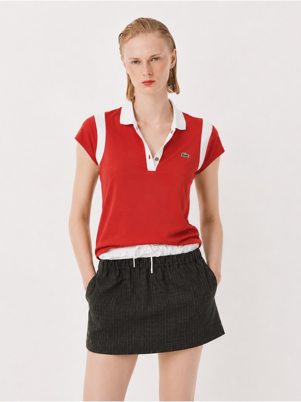 Vintage Lacoste Sport Red Polo White Trim Snap Placket Medium 42